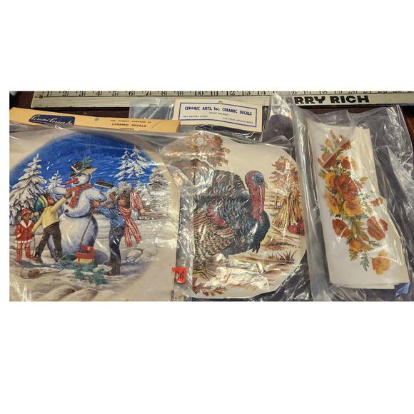 NOS Vintage Ceramic Decals Large Turkey, Large‎ Winter, 70's flowers  3 total - Picture 1 of 7